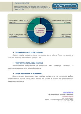  PERMANENT IT&TELECOM STAFFING
Поиск и подбор специалистов на постоянное место работы. Поиск по технологии
Executive Recruiting. Гарантийный срок до 2 лет.
 TEMPORARY IT&TELECOM STAFFING
Предоставление специалистов на временную или частичную занятость с
обеспечением замены в случае необходимости.
 FROM TEMPORARY TO PERMANENT
Дополнительная возможность при подборе специалиста на постоянную работу,
предварительно оценить кандидата в период его участия в проекте по предоставлению
временного персонала.
www.itnt.com.ua
THE MEMBER OF DOPOMOGA GROUP
DOPOMOGA GROUP
Head Office in Ukraine
Address: 419, 2/6 Novozabarska vul., Kyiv 04074, Ukraine
Reception: +380 44 594 81 78
7
 