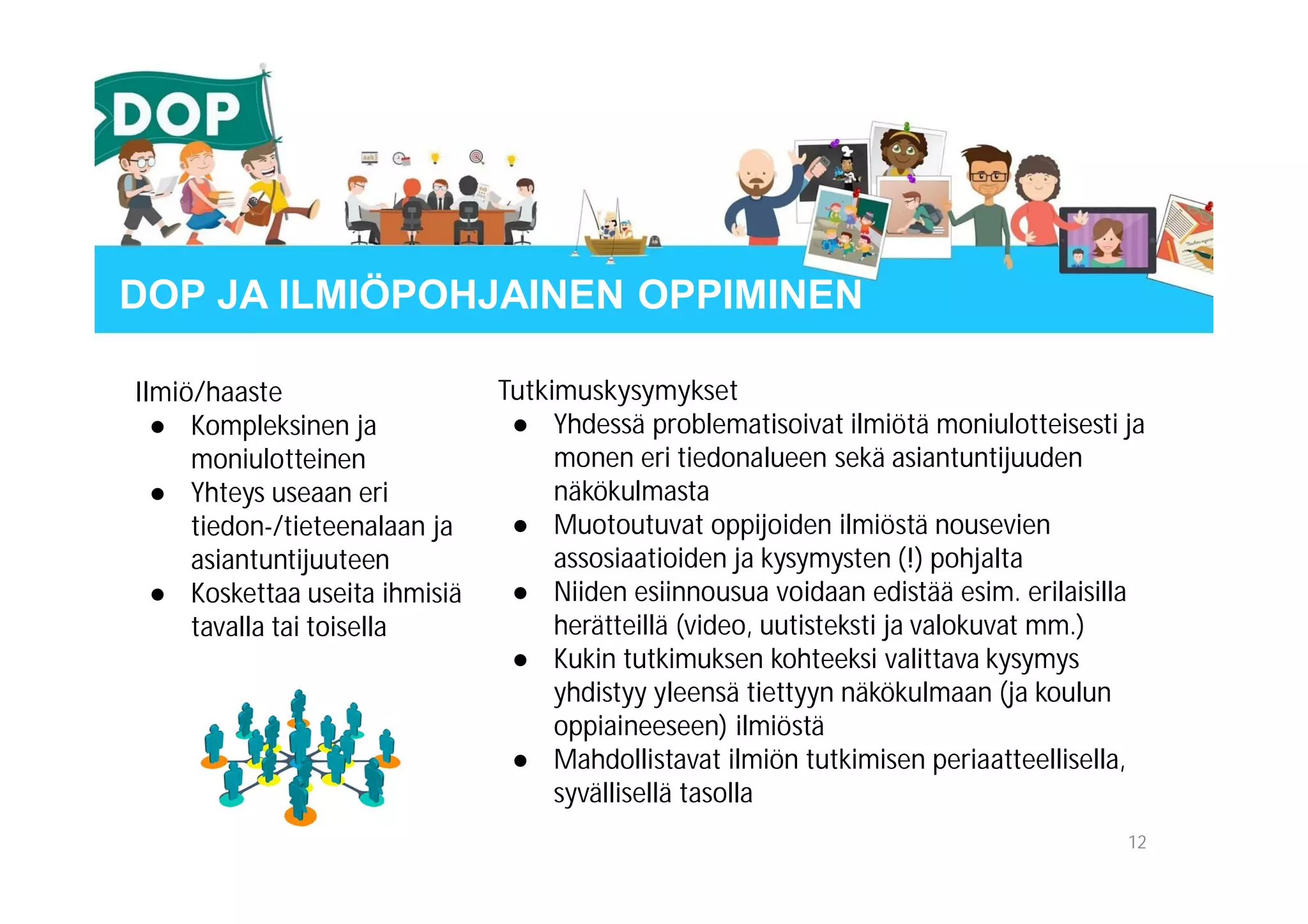 DOP JA ILMIÖPOHJAINEN OPPIMINEN
Tutkimuskysymykset
● Yhdessä problematisoivat ilmiötä moniulotteisesti ja
monen eri tiedonalueen sekä asiantuntijuuden
näkökulmasta
● Muotoutuvat oppijoiden ilmiöstä nousevien
assosiaatioiden ja kysymysten (!) pohjalta
● Niiden esiinnousua voidaan edistää esim. erilaisilla
herätteillä (video, uutisteksti ja valokuvat mm.)
● Kukin tutkimuksen kohteeksi valittava kysymys
yhdistyy yleensä tiettyyn näkökulmaan (ja koulun
oppiaineeseen) ilmiöstä
● Mahdollistavat ilmiön tutkimisen periaatteellisella,
syvällisellä tasolla
Ilmiö/haaste
● Kompleksinen ja
moniulotteinen
● Yhteys useaan eri
tiedon-/tieteenalaan ja
asiantuntijuuteen
● Koskettaa useita ihmisiä
tavalla tai toisella
12
 
