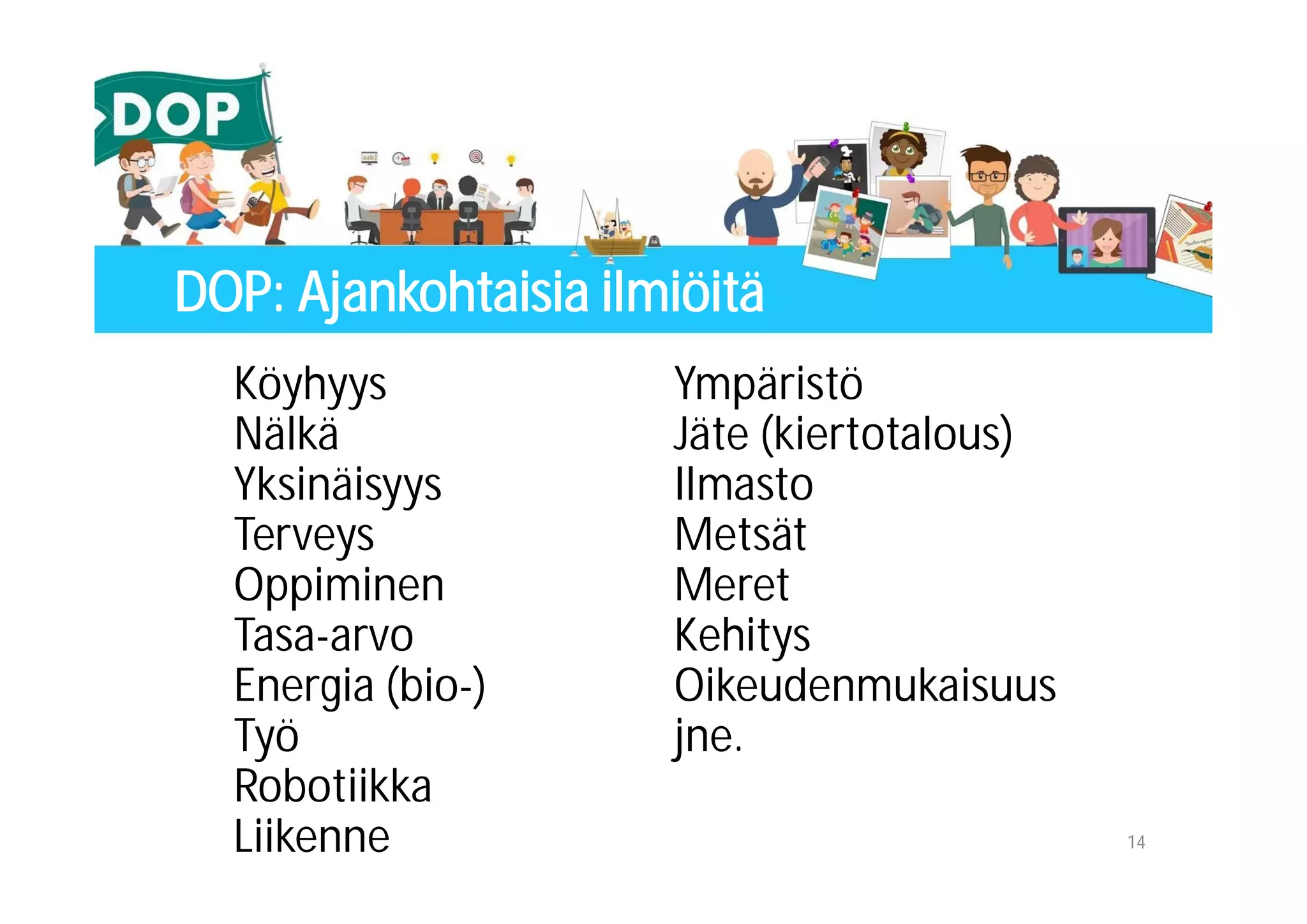 DOP: Ajankohtaisia ilmiöitä
Köyhyys
Nälkä
Yksinäisyys
Terveys
Oppiminen
Tasa-arvo
Energia (bio-)
Työ
Robotiikka
Liikenne
Ympäristö
Jäte (kiertotalous)
Ilmasto
Metsät
Meret
Kehitys
Oikeudenmukaisuus
jne.
14
 