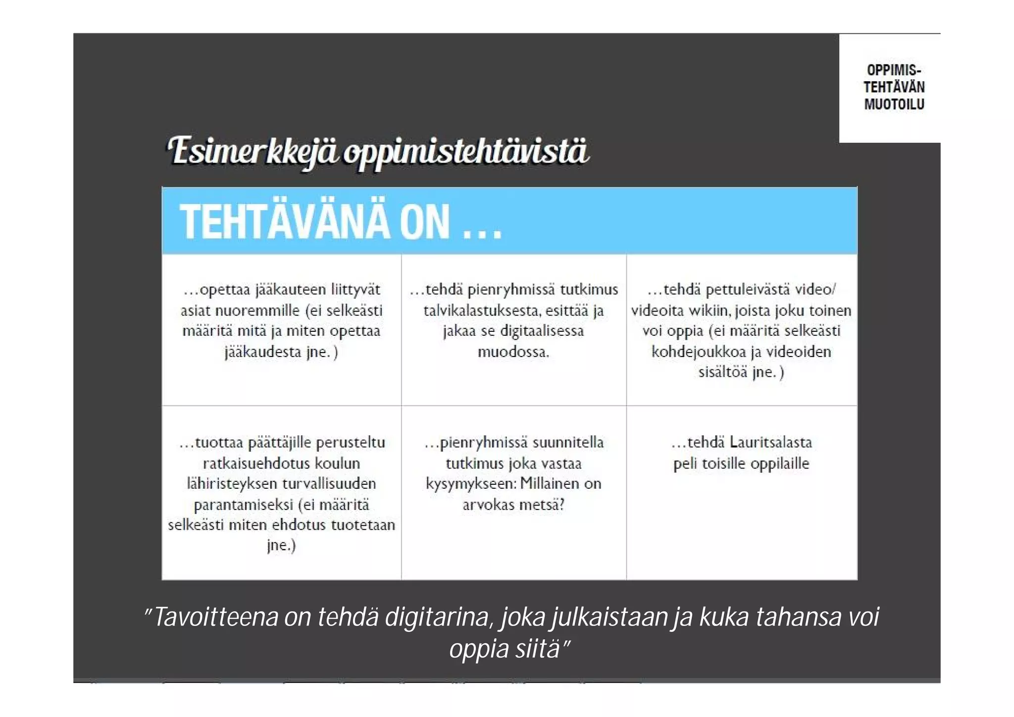 ”Tavoitteena on tehdä digitarina, joka julkaistaan ja kuka tahansa voi
oppia siitä”
 