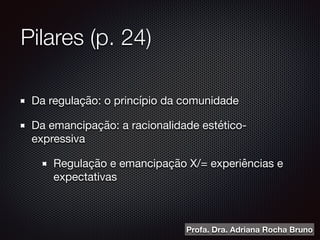 Pilares (p. 24)
Da regulação: o princípio da comunidade

Da emancipação: a racionalidade estético-
expressiva

Regulação e emancipação X/= experiências e
expectativas
Profa. Dra. Adriana Rocha Bruno
 