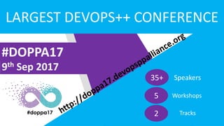 #DOPPA17
9th Sep 2017
LARGEST DEVOPS++ CONFERENCE
35+ Speakers
5 Workshops
2 Tracks
 