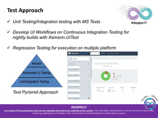 #DOPPA17
As a author of this presentation I/we own the copyright and confirm the originality of the content. I/we allow Agile testing alliance to use the content for social media
marketing, publishing it on ATA Blog or ATA social medial channels(Provided due credit is given to me/us)
Test Approach
 Unit Testing/Integration testing with MS Tests
 Develop UI Workflows on Continuous Integration Testing for
nightly builds with Xamarin.UITest
 Regression Testing for execution on multiple platform
Test Pyramid Approach
 