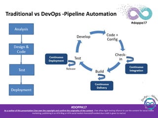 #DOPPA17
As a author of this presentation I/we own the copyright and confirm the originality of the content. I/we allow Agile testing alliance to use the content for social media
marketing, publishing it on ATA Blog or ATA social medial channels(Provided due credit is given to me/us)
Traditional vs DevOps -Pipeline Automation
 