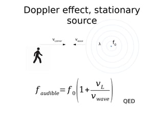 Doppler effect, stationary
source
f0
vwave
vListner
λ
QED
f audible
= f 0
(1+
vL
vwave
)
 