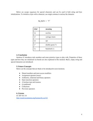 Below are escape sequences for special characters and can be used in both string and byte
initializations. To initialize a byte with a character, use single commas to enclose the character.

my_byte = 'f'

char

meaning

n

newline

r

carriage return

t

tab

"

double quote (")



backslash ()

4. Conclusion
Iteration #2 introduces task members and some primitive types to play with. Properties of these
types and how they are initialized via literals are also explained in this iteration. Null, empty string and
special characters are introduced.

5. Future Concepts
Below are the concepts that are likely to be introduced in next iterations.
●
●
●
●
●
●
●
●

Shared members and more access modifiers
Assignment operator (more)
Arithmetic, relational and binary operators
State transition operators
A boolean type and trueness
if conditional
Collections
Provision operators

6. License
CC BY-SA 3.0
http://creativecommons.org/licenses/by-sa/3.0/

4

 