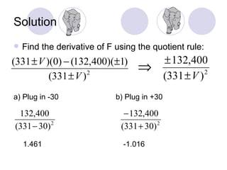 Solution Find the derivative of F using the quotient rule: a) Plug in -30 1.461 b) Plug in +30 -1.016 