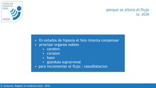 46
medicina
materno
fetal
HNDAC
E. Gratacos. Doppler en medicina fetal - 2010
porque se altera el flujo
la ACM
• En estados de hipoxia el feto intenta compensar
• priorizar organos nobles
• cerebro
• corazon
• bazo
• glandula suprarrenal
• para incrementar el flujo : vasodilatacion
 