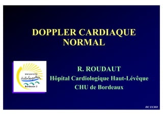 DOPPLER CARDIAQUE
     NORMAL

           R. ROUDAUT
  Hôpital Cardiologique Haut-Lévêque
           CHU de Bordeaux


                                  DU ECHO
 