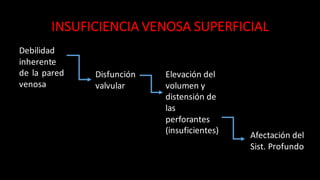 INSUFICIENCIA	
  VENOSA	
  SUPERFICIAL
Debilidad
inherente
de la pared
venosa
Disfunción	
  
valvular
Elevación	
  del	
  
volumen	
  y	
  
distensión	
  de	
  
las	
  
perforantes	
  
(insuficientes)
Afectación	
  del	
  
Sist.	
  Profundo
 