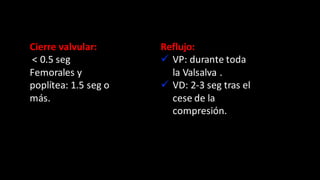 Cierre	
  valvular:
<	
  0.5	
  seg
Femorales	
  y	
  
poplítea:	
  1.5	
  seg	
  o	
  
más.
Reflujo:
ü VP:	
  durante	
  toda	
  
la	
  Valsalva	
  .
ü VD:	
  2-­‐3	
  seg	
  tras	
  el	
  
cese	
  de	
  la	
  
compresión.
 