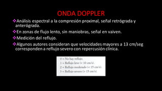 ONDA	
  DOPPLER
vAnálisis	
  espectral	
  a	
  la	
  compresión	
  proximal,	
  señal	
  retrógrada	
  y	
  
anterógrada.
vEn	
  zonas	
  de	
  flujo	
  lento,	
  sin	
  maniobras,	
  señal	
  en	
  vaiven.
vMedición	
  del	
  reflujo.
vAlgunos	
  autores	
  consideran	
  que	
  velocidades	
  mayores	
  a	
  13	
  cm/seg	
  
corresponden	
  a	
  reflujo	
  severo	
  con	
  repercusión	
  clínica.	
  
 