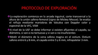 PROTOCOLO	
  DE	
  EXPLORACIÓN
vLa	
  exploración comienza en la arcada inguinal, corte transversal a la
altura de la	
  unión safeno-­‐femoral (signo de Mickey Mouse). Se	
  evalúa
el reflujo mediante maniobras de Valsalva con Doppler color y
espectral de la VFC, VSM
vA nivel de la USF se debe informar si existen afluentes al cayado, su	
  
diámetro, si son o no tortuosas y si son o no insuficientes
vMedir el	
   diámetro de la vena safena magna en el ostium. Ostium
safeno entre 6 y 8 mm, el cayado entre 5 y 6 mm, infrapatelar 3 mm.
 