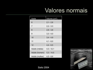 Saito 2004
Idade Volume (cm³)
6 2,1 - 2,6
7 2,2 - 3,3
8 2,9 - 3,8
9 3,3 - 4,0
10 3,4 - 4,9
11 4,1 - 6,0
12 4,4 - 6,5
Adulto (média) 4,3 - 12,1
Adulto (homem) 5,3 - 14,5
Adulto (mulher) 4,5 - 8,6
 