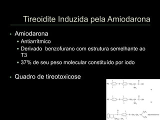  Amiodarona
 Antiarrítmico
 Derivado benzofurano com estrutura semelhante ao
T3
 37% de seu peso molecular constituído por iodo
 Quadro de tireotoxicose
 