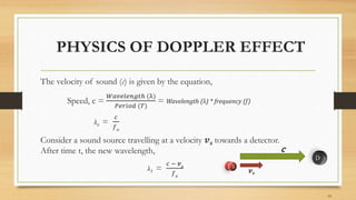 The velocity of sound (c) is given by the equation,
Speed, c =
𝑊𝑎𝑣𝑒𝑙𝑒𝑛𝑔𝑡ℎ (λ)
𝑃𝑒𝑟𝑖𝑜𝑑 (𝑇)
= Wavelength (λ) * frequency (f)
λo =
𝑐
𝑓 𝑜
Consider a sound source travelling at a velocity 𝒗 𝒔 towards a detector.
After time t, the new wavelength,
λ1 =
𝑐 − 𝒗 𝒔
𝑓 𝑜
10
PHYSICS OF DOPPLER EFFECT
𝒗 𝒔
c
 