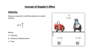 Concept of Doppler’s Effect
Distance covered in a definite direction is called
velocity.
v =
𝑑
𝑡
Where,
V = Velocity
d = Distance/ Displacement
t = Time
Velocity:
 