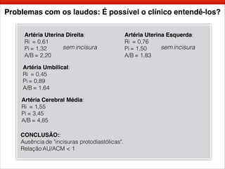 Problemas com os laudos: É possível o clínico entendê-los?
Artéria Uterina Direita:
Ri = 0,61
Pi = 1,32
A/B = 2,20
Artéria Uterina Esquerda:
Ri = 0,76
Pi = 1,50
A/B = 1,83
Artéria Umbilical:
Ri = 0,45
Pi = 0,89
A/B = 1,64
Artéria Cerebral Média:
Ri = 1,55
Pi = 3,45
A/B = 4,85
CONCLUSÃO::
Ausência de "incisuras protodiastólicas".
Relação AU/ACM < 1
sem incisura sem incisura
 