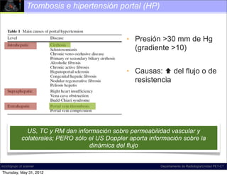 Trombosis e hipertensión portal (HP)



                                                  • Presión >30 mm de Hg
                                                    (gradiente >10)


                                                  • Causas:  del flujo o de
                                                    resistencia




                US, TC y RM dan información sobre permeabilidad vascular y
              colaterales; PERO sólo el US Doppler aporta información sobre la
                                     dinámica del flujo


incich/grupo ct scanner                                       Departamento de Radiología/Unidad PET-CT

Thursday, May 31, 2012
 