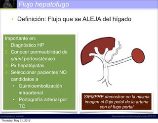 Flujo hepatofugo

          • Definición: Flujo que se ALEJA del hígado


    Importante en:
    1. Diagnóstico HP
    2. Conocer permeabilidad de
       shunt portosistémico
    3. Px hepatópatas
    4. Seleccionar pacientes NO
       candidatos a
        • Quimioembolización
          intraarterial
                                     SIEMPRE demostrar en la misma
        • Portografía arterial por   imagen el flujo petal de la arteria
          TC                               con el fugo portal
incich/grupo ct scanner                            Departamento de Radiología/Unidad PET-CT

Thursday, May 31, 2012
 