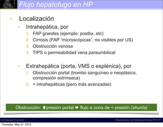 Flujo hepatofugo en HP

        •        Localización
                •         Intrahepática, por
                          1.   FAP grandes (ejemplo: postbx, etc)
                          2.   Cirrosis (FAP “microscópicas”, no visibles por US)
                          3.   Obstrucción venosa
                          4.   TIPS o permeabilidad vena paraumbilical


                •         Extrahepática (porta, VMS o esplénica), por
                          1. Obstrucción portal (trombo sanguíneo o neoplásico,
                             compresión extrínseca)
                          2. = intrahepáticas (pero más avanzadas)




              Obstrucción: presión portal  flujo a zona de < presión (shunts)

incich/grupo ct scanner                                                 Departamento de Radiología/Unidad PET-CT

Thursday, May 31, 2012
 