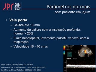 Parâmetros normais
com paciente em jejum
• Veia porta
– Calibre até 13 mm
– Aumento de calibre com a inspiração profunda:
normal > 20%
– Fluxo hepatopetal, levemente pulsátil, variável com a
respiração
– Velocidade 16 - 40 cm/s
Goyal N et al. Clinical Radiology (2009)64, 1056-1066
Iwao T et al. Am J Gastroenterol. 1997 Jun; 92(6): 1012-7
Zironi G et al. J Hepatol 1992; 16: 298-303
 