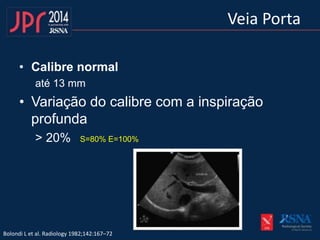 • Calibre normal
até 13 mm
• Variação do calibre com a inspiração
profunda
> 20%
Bolondi L et al. Radiology 1982;142:167–72
Veia Porta
S=80% E=100%
 