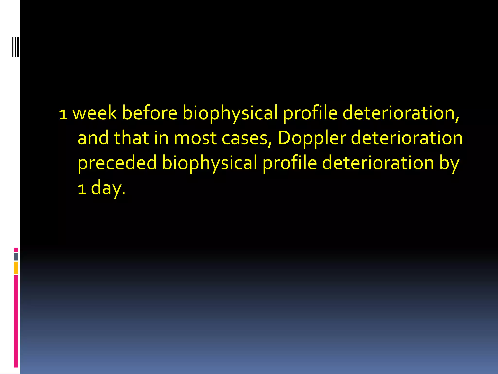 1 week before biophysical profile deterioration,
and that in most cases, Doppler deterioration
preceded biophysical profile deterioration by
1 day.
 