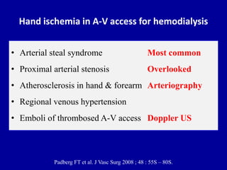 Hand ischemia in A-V access for hemodialysis
• Arterial steal syndrome Most common
• Proximal arterial stenosis Overlooked
• Atherosclerosis in hand & forearm Arteriography
• Regional venous hypertension
• Emboli of thrombosed A-V access Doppler US
Padberg FT et al. J Vasc Surg 2008 ; 48 : 55S – 80S.
 