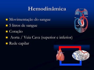 Hemodinâmica
 Movimentação do sangue
 5 litros de sangue
 Coração
 Aorta / Veia Cava (superior e inferior)
 Rede capilar
 
