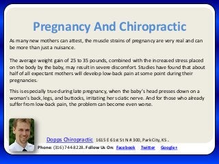 Pregnancy And Chiropractic
As many new mothers can attest, the muscle strains of pregnancy are very real and can
be more than just a nuisance.

The average weight gain of 25 to 35 pounds, combined with the increased stress placed
on the body by the baby, may result in severe discomfort. Studies have found that about
half of all expectant mothers will develop low-back pain at some point during their
pregnancies..

This is especially true during late pregnancy, when the baby’s head presses down on a
woman’s back, legs, and buttocks, irritating her sciatic nerve. And for those who already
suffer from low-back pain, the problem can become even worse.




                Dopps Chiropractic     1615 E 61st St N # 300, Park City, KS .
            Phone: (316) 744-8228. Follow Us On: Facebook     Twitter    Google+
 