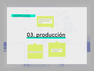 SERVICIOS
03. producción
Asesoramiento, coordinación
y producción general de
eventos.
Clipping cualitativo
& cuantitativo.
Follow up de publicaciones.
 