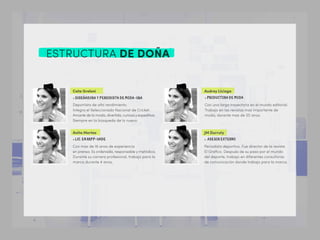 ESTRUCTURA DE DOÑA
Cata Greloni
> DISEÑADORA Y PERIODISTA DE MODA-UBA
Deportista de alto rendimiento.
Integra el Seleccionado Nacional de Cricket.
Amante de la moda, divertida, curiosa y expeditiva.
Siempre en la búsqueda de lo nuevo.
Anita Morteo
> LIC. EN RRPP-UADE
Con mas de 16 anos de experiencia
en prensa. Es ordenada, responsable y metódica.
Durante su carrera profesional, trabajo para la
marca durante 4 anos,
Audrey Liciaga
> PRODUCTORA DE MODA
Con una larga trayectoria en el mundo editorial.
Trabajo en las revistas mas importante de
moda, durante mas de 20 anos.
JM Durruty
> ASESOR EXTERNO
Periodista deportivo. Fue director de la revista
El Graﬁco. Después de su paso por el mundo
del deporte, trabajo en diferentes consultoras
de comunicación donde trabajo para la marca.
 