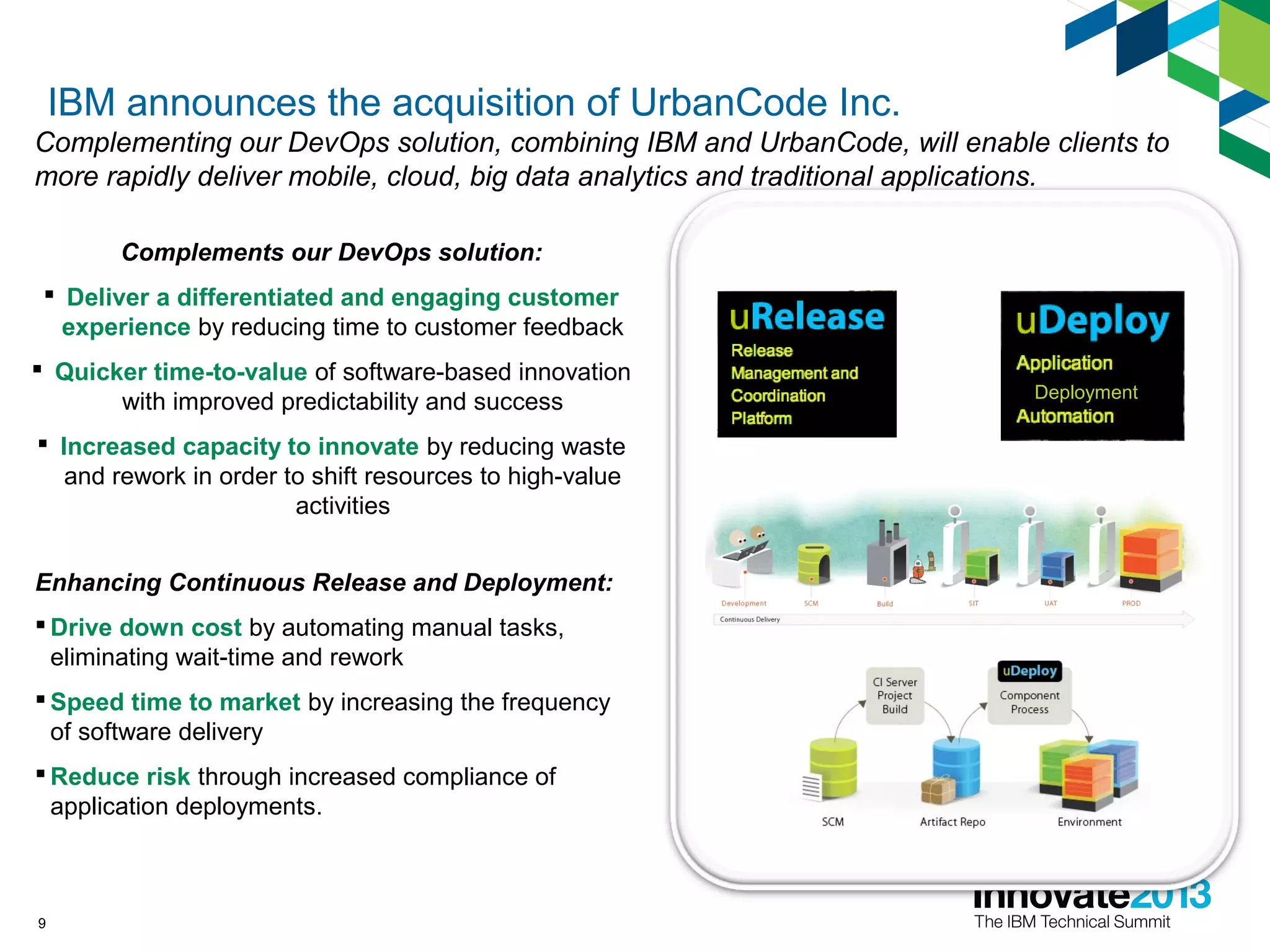 9
Deployment
Enhancing Continuous Release and Deployment:
 Drive down cost by automating manual tasks,
eliminating wait-time and rework
 Speed time to market by increasing the frequency
of software delivery
 Reduce risk through increased compliance of
application deployments.
Complements our DevOps solution:
 Deliver a differentiated and engaging customer
experience by reducing time to customer feedback
 Quicker time-to-value of software-based innovation
with improved predictability and success
 Increased capacity to innovate by reducing waste
and rework in order to shift resources to high-value
activities
IBM announces the acquisition of UrbanCode Inc.
Complementing our DevOps solution, combining IBM and UrbanCode, will enable clients to
more rapidly deliver mobile, cloud, big data analytics and traditional applications.
 