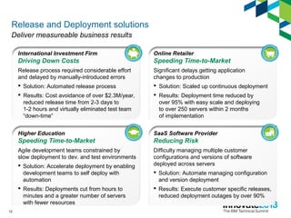 Release and Deployment solutions
Deliver measureable business results
12
International Investment Firm
Driving Down Costs
Release process required considerable effort
and delayed by manually-introduced errors
 Solution: Automated release process
 Results: Cost avoidance of over $2.3M/year,
reduced release time from 2-3 days to
1-2 hours and virtually eliminated test team
“down-time”
Higher Education
Speeding Time-to-Market
Agile development teams constrained by
slow deployment to dev. and test environments
 Solution: Accelerate deployment by enabling
development teams to self deploy with
automation
 Results: Deployments cut from hours to
minutes and a greater number of servers
with fewer resources
SaaS Software Provider
Reducing Risk
Difficulty managing multiple customer
configurations and versions of software
deployed across servers
 Solution: Automate managing configuration
and version deployment
 Results: Execute customer specific releases,
reduced deployment outages by over 90%
Online Retailer
Speeding Time-to-Market
Significant delays getting application
changes to production
 Solution: Scaled up continuous deployment
 Results: Deployment time reduced by
over 95% with easy scale and deploying
to over 250 servers within 2 months
of implementation
 