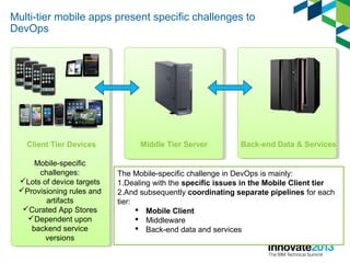 Multi-tier mobile apps present specific challenges to
DevOps
Middle Tier ServerClient Tier Devices Back-end Data & Services
Mobile-specific
challenges:
Lots of device targets
Provisioning rules and
artifacts
Curated App Stores
Dependent upon
backend service
versions
The Mobile-specific challenge in DevOps is mainly:
1.Dealing with the specific issues in the Mobile Client tier
2.And subsequently coordinating separate pipelines for each
tier:
 Mobile Client
 Middleware
 Back-end data and services
 
