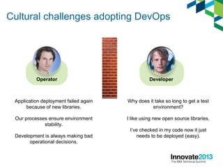 Cultural challenges adopting DevOps
DeveloperOperator
Why does it take so long to get a test
environment?
I like using new open source libraries.
I’ve checked in my code now it just
needs to be deployed (easy).
Application deployment failed again
because of new libraries.
Our processes ensure environment
stability.
Development is always making bad
operational decisions.
 