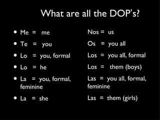 What are all the DOP’s?
• Me = me             Nos = us

• Te = you            Os = you all

• Lo = you, formal    Los = you all, formal

• Lo = he             Los = them (boys)

• La = you, formal,   Las = you all, formal,
  feminine            feminine

• La   = she          Las = them (girls)
 