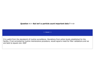 Question <--- But isn't a particle count important data ? --->
<---Answer--->
It is useful from the standpoint of routine surveillance. Deviations from action levels established for the
facility, if not corrected by routine maintenance procedure, would signal a need for filter validations and we
are back to square one -DOP
 