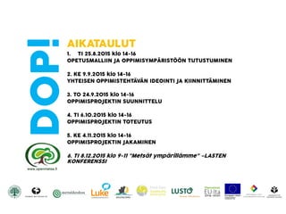 DOP!AIKATAULUT
1. TI 25.8.2015 klo 14-16
OPETUSMALLIIN JA OPPIMISYMPÄRISTÖÖN TUTUSTUMINEN
2. KE 9.9.2015 klo 14-16
YHTEISEN OPPIMISTEHTÄVÄN IDEOINTI JA KIINNITTÄMINEN
3. TO 24.9.2015 klo 14-16
OPPIMISPROJEKTIN SUUNNITTELU
4. TI 6.10.2015 klo 14-16
OPPIMISPROJEKTIN TOTEUTUS
5. KE 4.11.2015 klo 14-16
OPPIMISPROJEKTIN JAKAMINEN
6. TI 8.12.2015 klo 9-11 ”Metsät ympärillämme” –LASTEN
KONFERENSSI
 