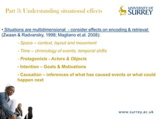 Part 3: Understanding situational effects

• Situations are multidimensional - consider effects on encoding & retrieval:
(Zwaan & Radvansky, 1998; Magliano et.al. 2008):
        - Space – context, layout and movement
        - Time – chronology of events, temporal shifts
        - Protagonists - Actors & Objects
        - Intention – Goals & Motivations
        - Causation – inferences of what has caused events or what could
        happen next
 