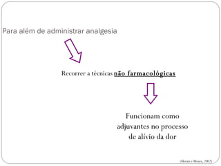 Para além de administrar analgesia   Recorrer a técnicas  não farmacológicas Funcionam como adjuvantes no processo de alívio da dor (Morais e Moura, 2002) INTERVENÇÕES NÃO FARMACOLÓGICAS 