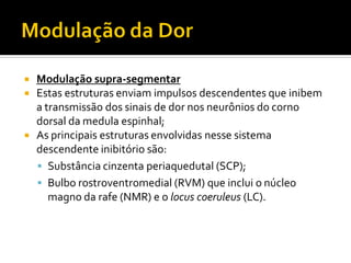  Modulação supra-segmentar
 Estas estruturas enviam impulsos descendentes que inibem
a transmissão dos sinais de dor nos neurônios do corno
dorsal da medula espinhal;
 As principais estruturas envolvidas nesse sistema
descendente inibitório são:
 Substância cinzenta periaquedutal (SCP);
 Bulbo rostroventromedial (RVM) que inclui o núcleo
magno da rafe (NMR) e o locus coeruleus (LC).
 