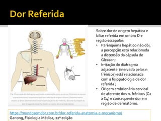 Sobre dor de origem hepática e
biliar referida em ombro D e
região escapular:
• Parênquima hepático não dói,
a percepção está relacionada
a distensão da cápsula de
Gleason;
• Irritação do diafragma
adjacente (inervado pelos n
frênicos) está relacionada
com a fisiopatologia da dor
referida ;
• Origem embrionária cervical
de aferente dos n. frênicos (C2
aC4) e consequente dor em
região de dermatómo.
https://mundosemdor.com.br/dor-referida-anatomia-e-mecanismo/
Ganong, Fisiologia Médica, 22ª ediçã0
 
