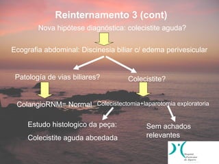 Reinternamento 3 (cont)
        Nova hipótese diagnóstica: colecistite aguda?


Ecografia abdominal: Discinesia biliar c/ edema perivesicular


 Patología de vias biliares?        Colecistite?


 ColangioRNM= Normal Colecistectomia+laparotomia exploratoria

     Estudo histologico da peça:         Sem achados
     Colecistite aguda abcedada          relevantes
 