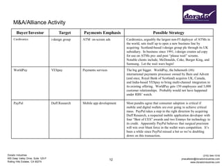 M&A/Alliance Activity
       Buyer/Investor                     Target      Payments Emphasis                           Possible Strategy
     Cardtronics                     i-design group   ATM on-screen ads        Cardtronics, arguably the largest non-FI deployer of ATMs in
                                                                               the world, sets itself up to open a new business line by
                                                                               acquiring Scotland-based i-design group plc through its UK
                                                                               subsidiary. In business since 1991, i-design creates ad copy
                                                                               for use on ATMs pre- and post “please wait” screens.
                                                                               Notable clients include, McDonalds, Coke, Burger King, and
                                                                               Samsung. Let the wait wars begin!
     WorldPay                        YESpay           Payments services        The big get bigger. WorldPay, the behemoth (#6)
                                                                               international payments processor owned by Bain and Advent
                                                                               (and once, Royal Bank of Scotland) acquires UK, Canada,
                                                                               and India-based YESpay to bring multi-channel integration to
                                                                               its existing offering. WorldPay gets 150 employees and 3,000
                                                                               customer relationships. Probably would not have happened
                                                                               under RBS’ watch.

     PayPal                          Duff Research    Mobile app development   Most pundits agree that consumer adoption is critical if
                                                                               mobile and digital wallets are ever going to achieve critical
                                                                               mass. PayPal takes a step in the right direction by acquiring
                                                                               Duff Research, a respected mobile application developer with
                                                                               four “Best of CES” awards and two Emmys for technology to
                                                                               its credit. Apparently PayPal believes that surgical precision
                                                                               will win over blunt force in the wallet wars competition. It’s
                                                                               been a while since PayPal missed a bet so we’re doubling
                                                                               down on this transaction.




Dorado Industries                                                                                                                        (310) 544-1316
655 Deep Valley Drive, Suite 125-P                                                                                     jmacallister@doradoindustries.com
                                                                          12
Rolling Hills Estates, CA 90274                                                                                                 www.doradoindustries.com
 