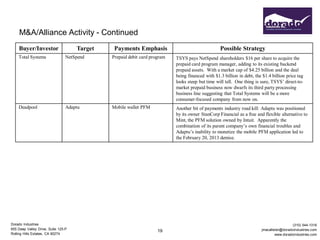 M&A/Alliance Activity - Continued
    Buyer/Investor                   Target    Payments Emphasis                                  Possible Strategy
    Total Systems                NetSpend     Prepaid debit card program   TSYS pays NetSpend shareholders $16 per share to acquire the
                                                                           prepaid card program manager, adding to its existing backend
                                                                           prepaid assets. With a market cap of $4.25 billion and the deal
                                                                           being financed with $1.3 billion in debt, the $1.4 billion price tag
                                                                           looks steep but time will tell. One thing is sure, TSYS’ direct-to-
                                                                           market prepaid business now dwarfs its third party processing
                                                                           business line suggesting that Total Systems will be a more
                                                                           consumer-focused company from now on.
    Deadpool                     Adaptu       Mobile wallet PFM            Another bit of payments industry road kill: Adaptu was positioned
                                                                           by its owner StanCorp Financial as a free and flexible alternative to
                                                                           Mint, the PFM solution owned by Intuit. Apparently the
                                                                           combination of its parent company’s own financial troubles and
                                                                           Adaptu’s inability to monetize the mobile PFM application led to
                                                                           the February 20, 2013 demise.




Dorado Industries                                                                                                                         (310) 544-1316
655 Deep Valley Drive, Suite 125-P                                                                                      jmacallister@doradoindustries.com
                                                                    19
Rolling Hills Estates, CA 90274                                                                                                  www.doradoindustries.com
 