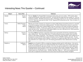Interesting News This Quarter – Continued

            Subject                   Source/Date                                                        Substance
   Akimbo                                    Presser   The new Akimbo Visa Prepaid Debit Card program looks pretty cool on its surface – P2P transfers, photo
                                             March     storage and distribution, social media interaction – rife with stuff that might attract the younger set. Until you
                                                       read the fee schedule. PIN POS transactions are 99¢, ATM balance inquiries cost 33¢, and ATM withdrawals
                                                       are $1.98. Want your funds back by check? $5.00! Signature POS transactions are free. Well, of course, it’s
                                                       a Visa branded product.
   Venmo                             Mobile Payments   What do you do when consumers are reluctant to use their mobile phones for purchases and you’re a provider
                                               Today   of merchant acceptance terminals for mobile payments? The folks at Braintree have chosen to convert the
                                              March    Venmo app into a B2B system enabling SMBs to pay their contractors and vendors through email addresses
                                                       or mobile phone numbers. Vendors pay a modest 25¢ to cash out their receipts unless they are with Venmo
                                                       clients who pay no fees. Braintree has 4,000 eligible SMBs in tow and is offering the first 1,000 transactions
                                                       for free. Sort of a lemonade-for-lemons exchange.
   Subway                                   Finextra   Two former Subway franchisees, tired of the meager returns generated by $5 foot-long sandwiches have
                                              March    taken a different tact. They formed POS Doctor, a California-based (naturally) company which sold POS
                                                       systems to other Subway franchisees. They neglected to mention the system backdoor which enabled the two
                                                       entrepreneurs to hack the POS Doctor systems and add as much as $40,000 to Subway gift cards. The pair
                                                       then either used the fraudulent cards at Subway or sold them on Craigslist and eBay (after all, how many foot-
                                                       long sandwiches can a couple of guys eat?) Our hacking gourmands have been indicted and are awaiting
                                                       trial.
   ShopSavvy                              NetBanker    ShopSavvy was founded in 2008 as a comparison shopping and deals app for mobile phones. Like most in
                                             March     the genre, the company can boast of 25 million downloads and 10 million active users (which means that 60
                                                       percent that downloaded the app said no thanks.) Over time, the app has morphed into a wallet application
                                                       including payments and just recently Capital One has launched a top-of-wallet campaign that pays CapOne
                                                       cardholders $20 for linking ShopSavvy to its card and using the app for making purchases. ShopSavvy has
                                                       already wooed lots of the big box stores – WalMart, Best Buy, Target, etc. – and is now creeping up on the
                                                       issuer side in an approach not dissimilar to the recent Chase/Visa lash-up (see Random Thoughts).




Dorado Industries                                                                                                                                                (310) 544-1316
655 Deep Valley Drive, Suite 125-P                                                                                                             jmacallister@doradoindustries.com
                                                                                   9
Rolling Hills Estates, CA 90274                                                                                                                         www.doradoindustries.com
 