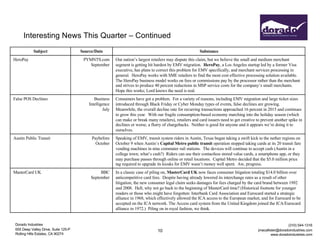 Dorado Industries
655 Deep Valley Drive, Suite 125-P
Rolling Hills Estates, CA 90274
(310) 544-1316
jmacallister@doradoindustries.com
www.doradoindustries.com
10
Interesting News This Quarter – Continued
Subject Source/Date Substance
HeroPay PYMNTS.com
September
Our nation’s largest retailers may dispute this claim, but we believe the small and medium merchant
segment is getting hit hardest by EMV migration. HeroPay, a Los Angeles startup led by a former Visa
executive, has plans to correct this problem for EMV specifically, and merchant services processing in
general. HeroPay works with SME retailers to find the most cost effective processing solution available.
The HeroPay business model works on fees or commissions pay by the processor rather than the merchant
and strives to produce 40 percent reductions in MSP service costs for the company’s small merchants.
Hope this works; Lord knows the need is real.
False POS Declines Business
Intelligence
July
Consumers have got a problem. For a variety of reasons, including EMV migration and large ticket sizes
introduced through Black Friday or Cyber Monday types of events, false declines are growing.
Meanwhile, the overall decline rate for recurring transactions approached 16 percent in 2015 and continues
to grow this year. With our fragile consumption-based economy marching into the holiday season (which
can make or break many retailers), retailers and card issuers need to get creative to prevent another spike in
declines or worse, a flurry of chargebacks. Neither is good for anyone and it appears we’re doing it to
ourselves.
Austin Public Transit Paybefore
October
Speaking of EMV, transit system riders in Austin, Texas began taking a swift kick to the nether regions on
October 9 when Austin’s Capital Metro public transit operation stopped taking cards at its 20 transit fare
vending machines in nine commuter rail stations. The devices will continue to accept cash (Austin in a
college town; what’s cash?) Riders can use their contactless stored value cards, a smartphone app, or they
may purchase passes through online or retail locations. Capital Metro decided that the $5.0 million price
tag required to upgrade its kiosks for EMV wasn’t money well spent. Aw, progress.
MasterCard UK BBC
September
In a classic case of piling on, MasterCard UK now faces consumer litigation totaling $14.0 billion over
anticompetitive card fees. Despite having already lowered its interchange rates as a result of other
litigation, the new consumer legal claim seeks damages for fees charged by the card brand between 1992
and 2008. Hell, why not go back to the beginning of MasterCard time? (Historical footnote for younger
readers or those who might have forgotten: Interbank Card Association and Eurocard started a strategic
alliance in 1968, which effectively allowed the ICA access to the European market, and for Eurocard to be
accepted on the ICA network. The Access card system from the United Kingdom joined the ICA/Eurocard
alliance in 1972.) Piling on in royal fashion, we think.
 