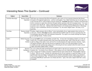 Dorado Industries
655 Deep Valley Drive, Suite 125-P
Rolling Hills Estates, CA 90274
(310) 544-1316
jmacallister@doradoindustries.com
www.doradoindustries.com
Interesting News This Quarter – Continued
13
Subject Source/Date Substance
Facebook Messenger Business Insider
September
Bill Gates once announced that Microsoft planned to take a piece of every payment transaction that flowed
through its OS-supported applications – and the world laughed. Now, Mark Zuckerberg may be striving for the
same end state but he’s smart enough to keep his mouth shut. Facebook Messenger is running a closed beta that
allows consumers to make direct purchases through chatbots operating within the messaging system. Very cool.
No need to leave the FB site. Amex is using their bot to deliver balances, benefits and services in this way. Bill
payment is just a click away. Add these bot-enabled features to the already present P2P function in Messenger
and you’ve got a world-beater with lots of convenience. So, who needs a digital wallet? Not many, we’re
guessing.
First Data Business Insider
September
Problem: Apple announces that its iPhone 7 series (and probably all new Apple products) does not have an
audio jack. Solution: First Data launches a Bluetooth-based mPOS reader for its Clover merchants that will
accommodate mag swipe, EMV and contactless transactions. We expect to see similar offerings from Square
and CardFlight shortly. Problem solved.
Kohl’s Mobile Payments
Today
October
If you like Kohl’s Cash, you’ll probably use Kohl’s Pay. At least, that’s the thinking at Kohl’s as it rolls out
Kohl’s Pay, yet another merchant-centric (and closed loop) payments app. Kohl’s looks like they’ve done it
right by rolling in their offers, Cash, and Yes2You rewards programs for single transaction checkout. Again,
the app has Walmart’s QR code look and feel (an approach we don’t favor but acknowledge to be both
workable and safe) and barcode reading seems to becoming the de facto standard within the retailer vertical.
Again, who needs a digital wallet? Crickets.
Android users and app
developers
Business
Intelligence
July
So, you’ve bitten the bullet and designed your digital wallet or app and your customers love it. Then, the
hammer falls. Two thirds of your customers – those opting to use your Android application - discover that
they’re among the 85 million consumers worldwide that have been sucked into the “HummingBad” malware
scheme. What do you do? Abandon the wallet/app and tick off your customers or spend the dough to fix the
problem and cross your fingers in hopes that the next Android vulnerability doesn’t impact your customers?
None of this is theoretical, folks. 85 million devices became permanently rooted by HummingBad and it was
generating $300,000 per month until it was finally shut down. Again, who needs a digital wallet that is easily
corrupted?
 